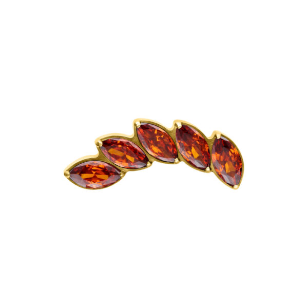 Ajuste de piercing dorado con cinco cristales rojo oscuro sobre fondo blanco