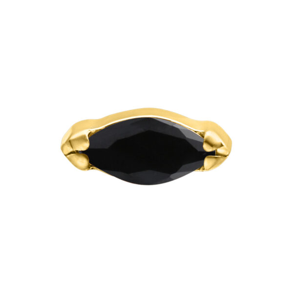 Aro de titanio dorado con cristal ovalado negro diamante sobre fondo blanco