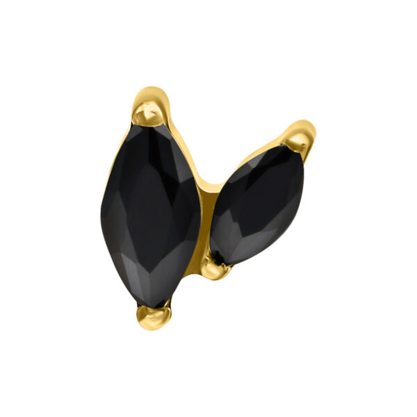 Accesorio de piercing dorado con dos cristales negros en forma de marquesa
