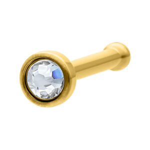 Nose stud dorado de titanio con piedra cristalina sobre fondo blanco