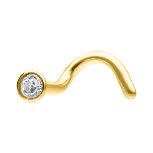 Piercing nasal dorado de titanio con cristal claro, sobre fondo blanco