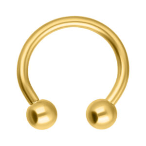 Barbell circular dorado con 1,2 mm de grosor, 9,0 mm de diámetro interno y bolas de 3,0 mm sobre fondo blanco