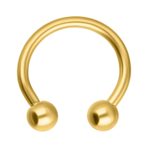 Barbell circular dorado con 1,2 mm de grosor, 9,0 mm de diámetro interno y bolas de 3,0 mm sobre fondo blanco