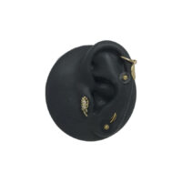 Disco de silicona para piercing con apliques dorados Modelo de oreja de silicona negra con apliques dorados para piercing sobre fondo blanco