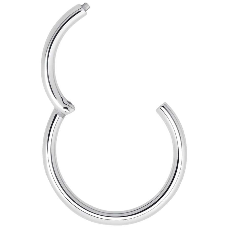 Anillo segmentado articulado plateado de acero quirúrgico sobre fondo blanco