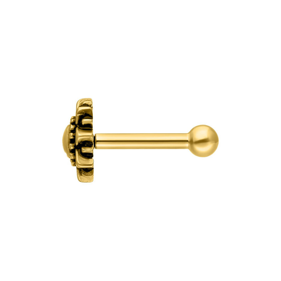 Sunflower Barbell para Oreja de Oro Sunflower Barbell de oro para oreja con cierre de bola sobre fondo blanco