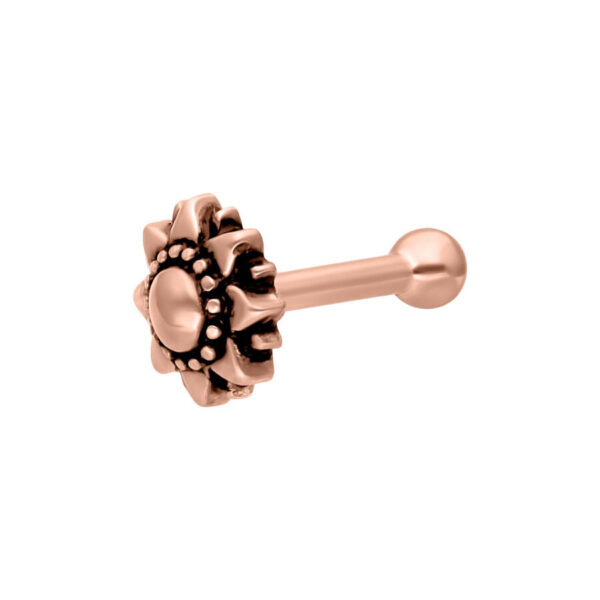 Barbell en oro rosa con diseño de girasol sobre fondo blanco