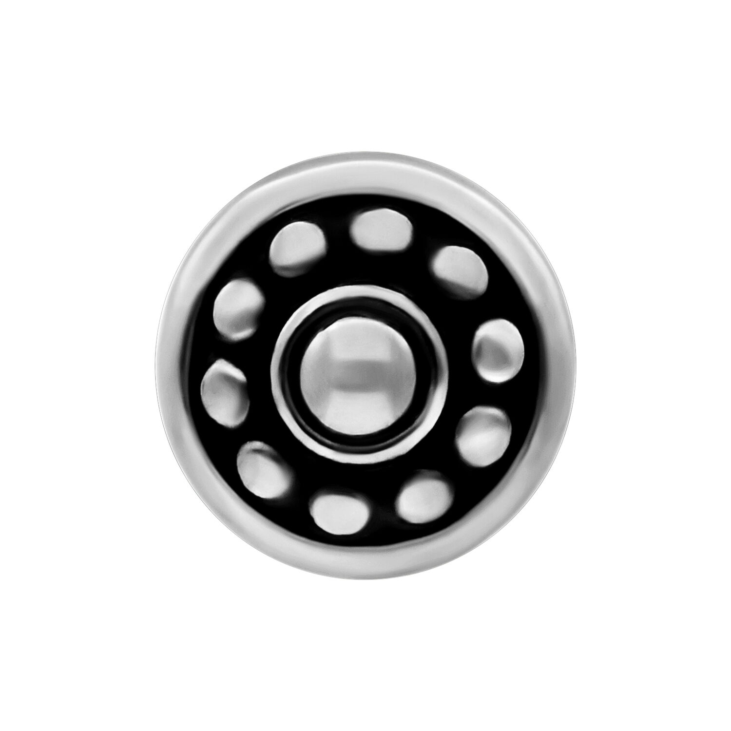 Barra de oreja tribal plateada redonda con fondo negro y patrón circular