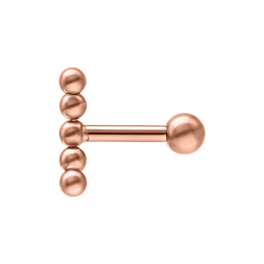 Earbarbell curvado de titanio en oro rosa con bola Earbarbell de titanio en oro rosa con extremos de bola sobre fondo blanco