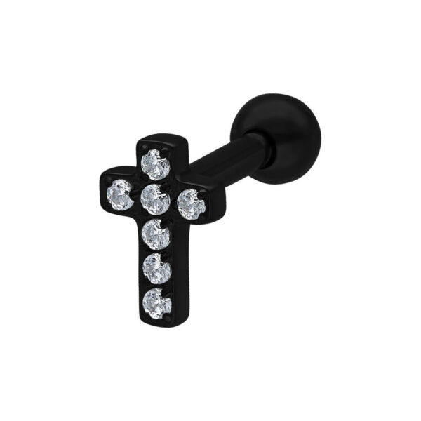 Barbell de oreja negro con cruz de cristal claro sobre fondo blanco