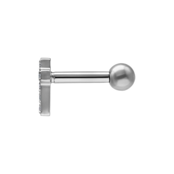 Barbell de oreja plateado con cruz de cristal y bola sobre fondo blanco