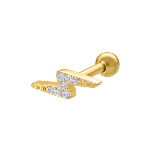 Barbell de oreja dorado con piedras cristalinas sobre fondo blanco
