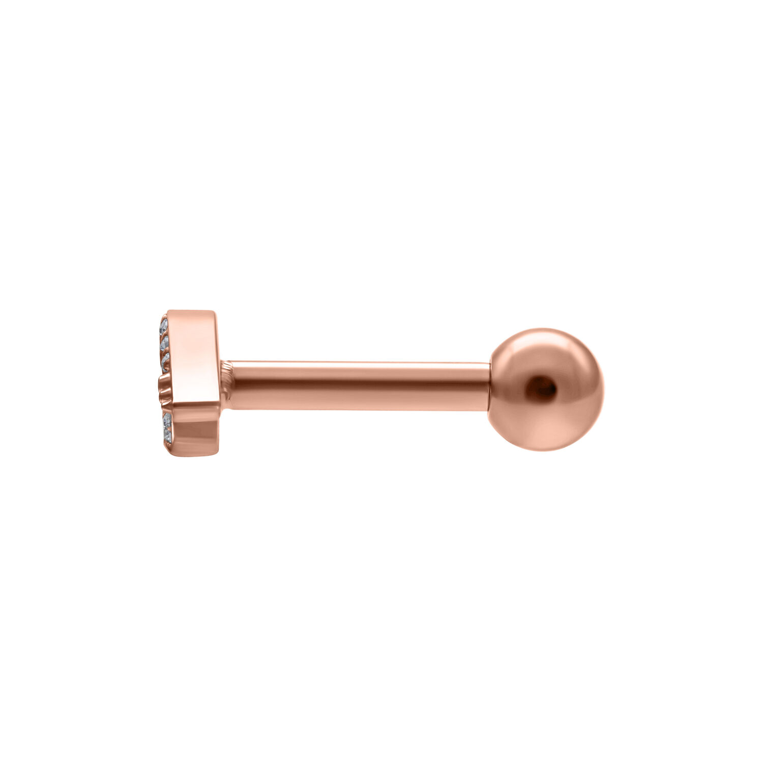 Barbell para la oreja en oro rosa con cristal Barbell para la oreja en oro rosa con cristal claro sobre fondo blanco