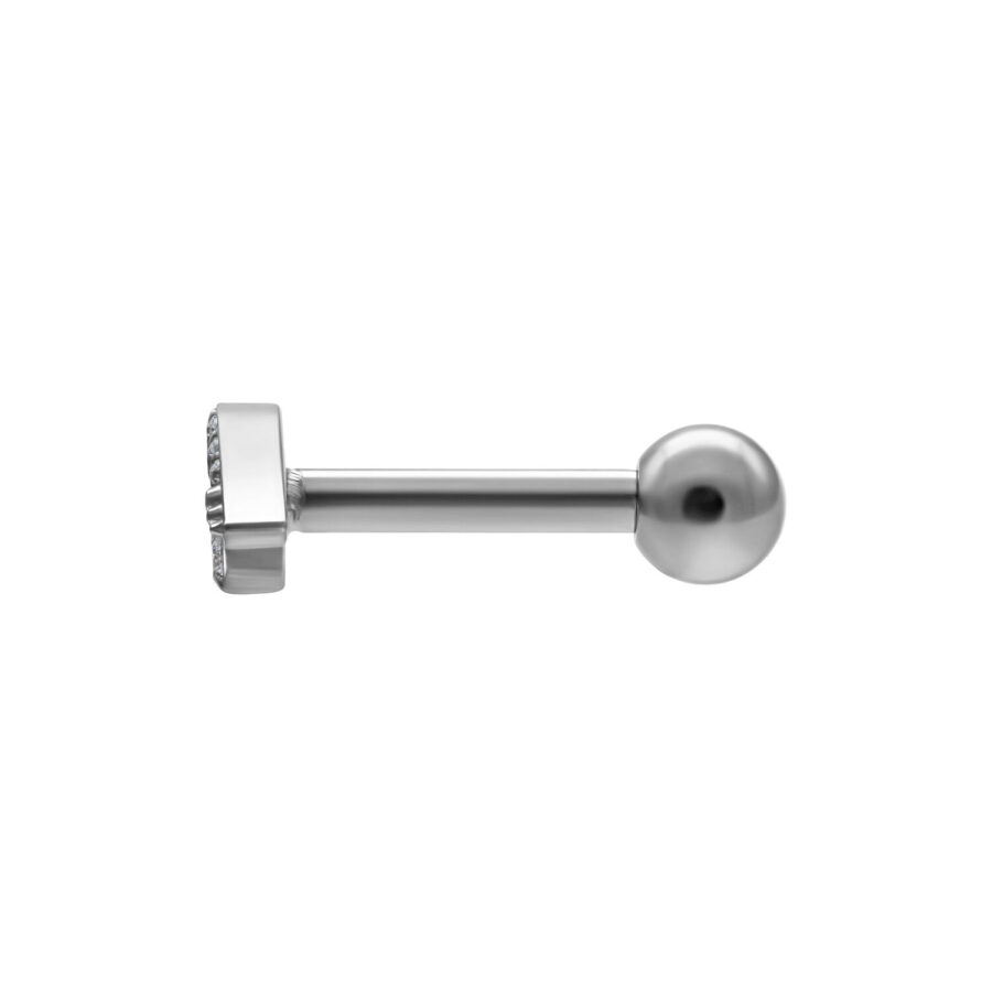 Barbell para oreja plateado de titanio con piedra cristalina sobre fondo blanco