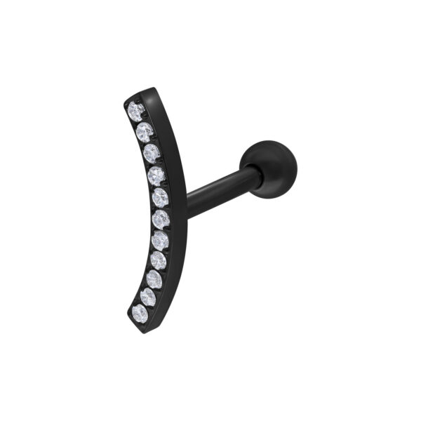 Barbell para oreja de titanio negro con arco de cristal sobre fondo blanco