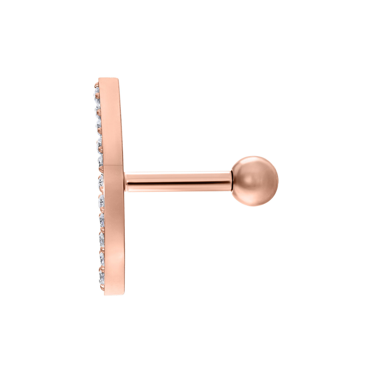 Barbell para oreja con lazo de cristal en oro rosa Barbell para oreja en oro rosa con cristal claro sobre fondo blanco