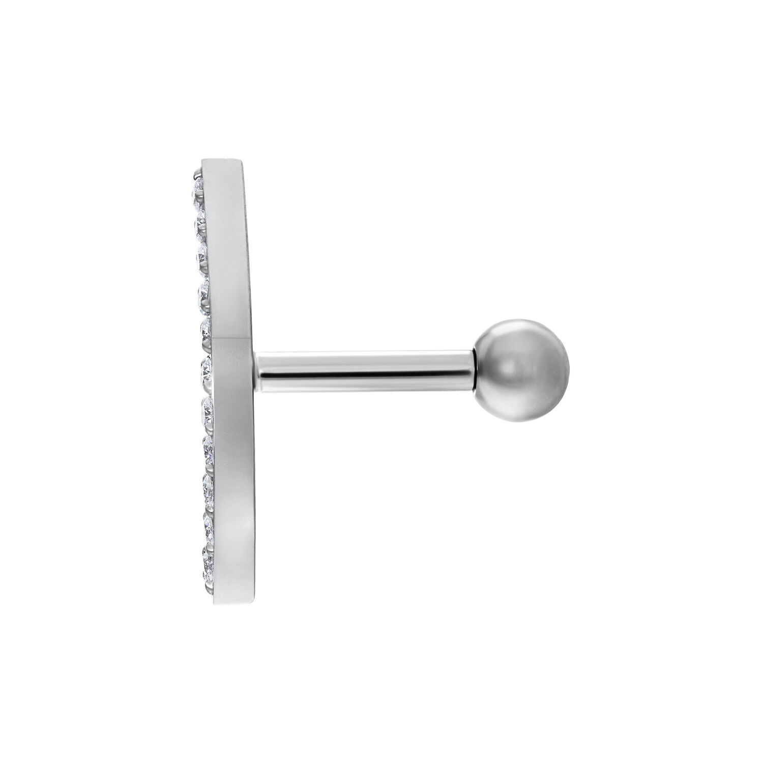 Barbell de oreja plateado con adorno de cristal sobre fondo blanco