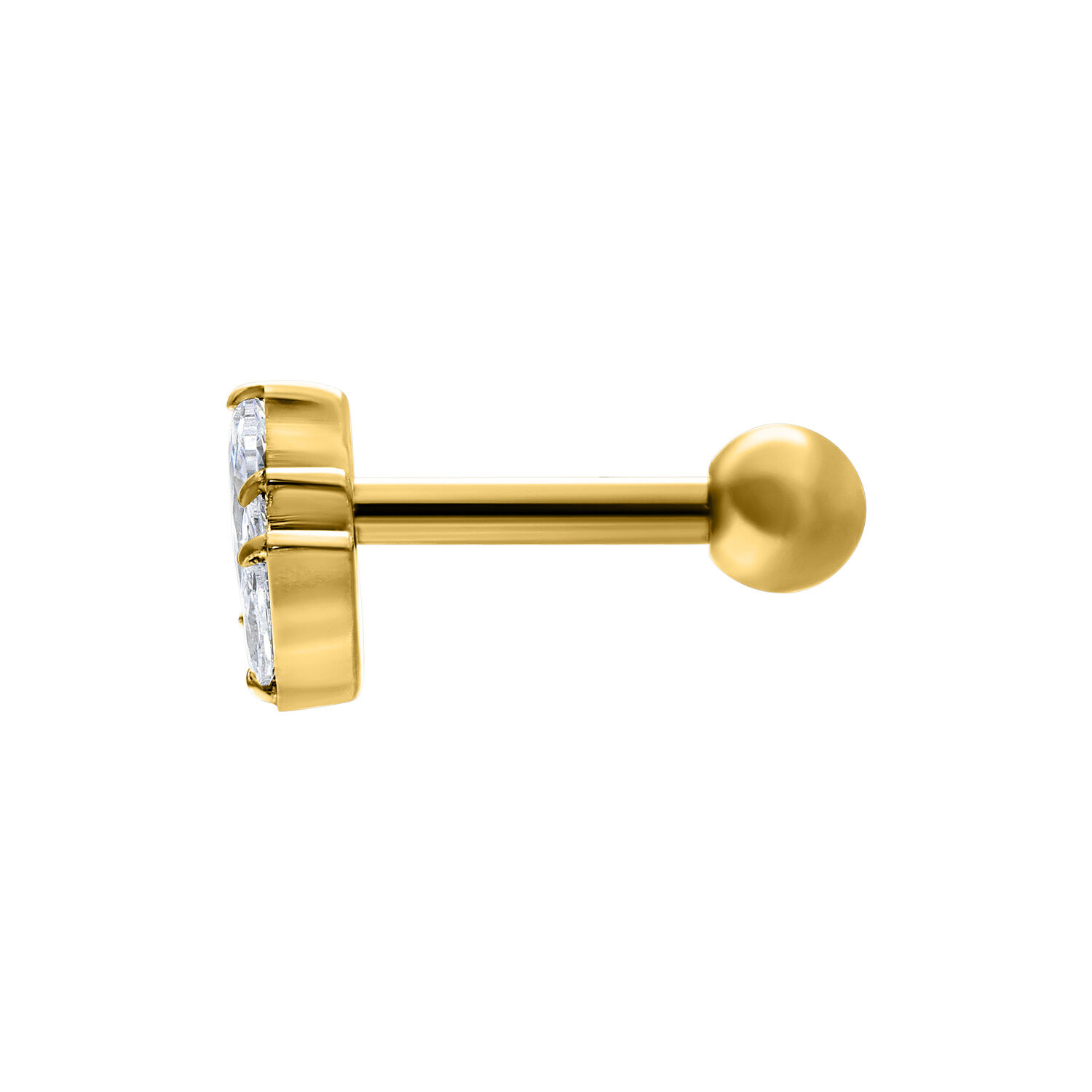 Barbell de oreja dorado con cristal de loto sobre fondo blanco
