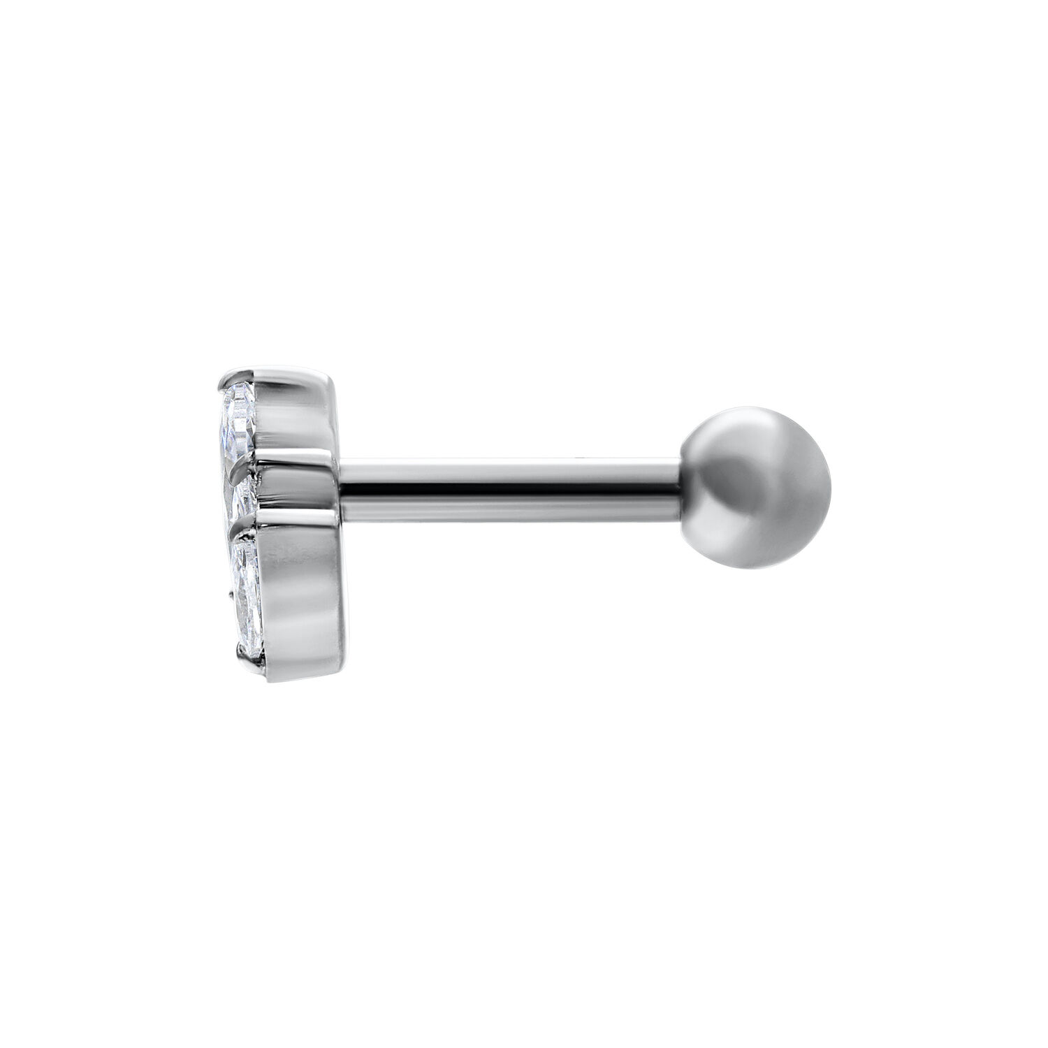 Barbell para Oreja de Cristal de Loto Plateado Barbell de oreja plateado con diseño de loto de cristal sobre fondo blanco