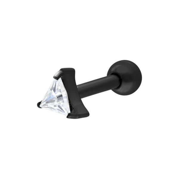Barbell de titanio negro para la oreja con triángulo de cristal claro, fondo blanco