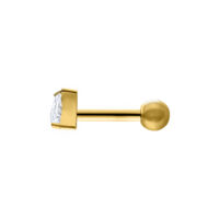Barbell dorado para la oreja con triángulo de cristal claro sobre fondo blanco