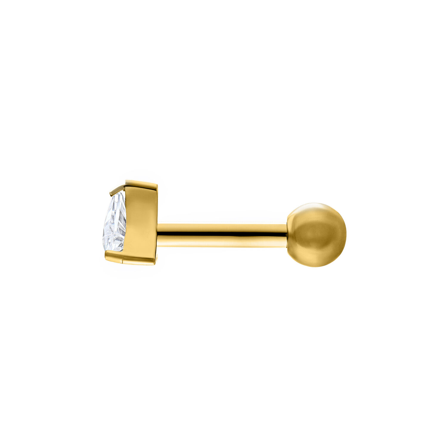 Barbell dorado para la oreja con triángulo de cristal claro sobre fondo blanco