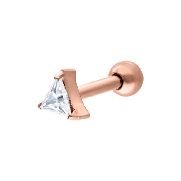 Barbell de oreja rosado con piedra triangular de cristal claro sobre fondo blanco