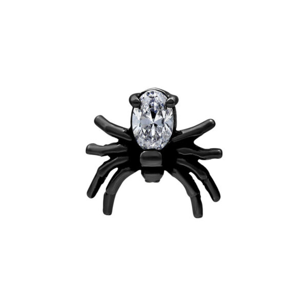Accesorio de metal negro en forma de araña con cristal claro sobre fondo blanco