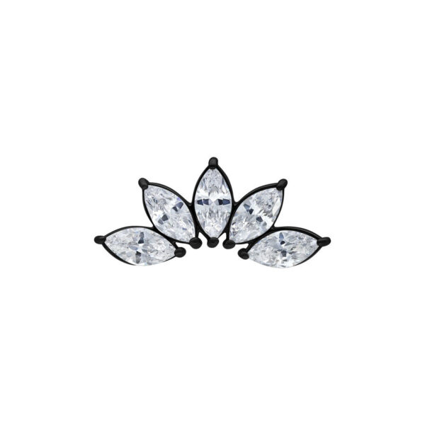 Aplique negro para piercing con cinco cristales claros sobre fondo blanco
