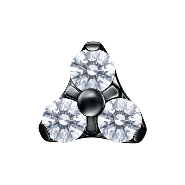 Accesorio de piercing negro con tres cristales claros sobre fondo blanco