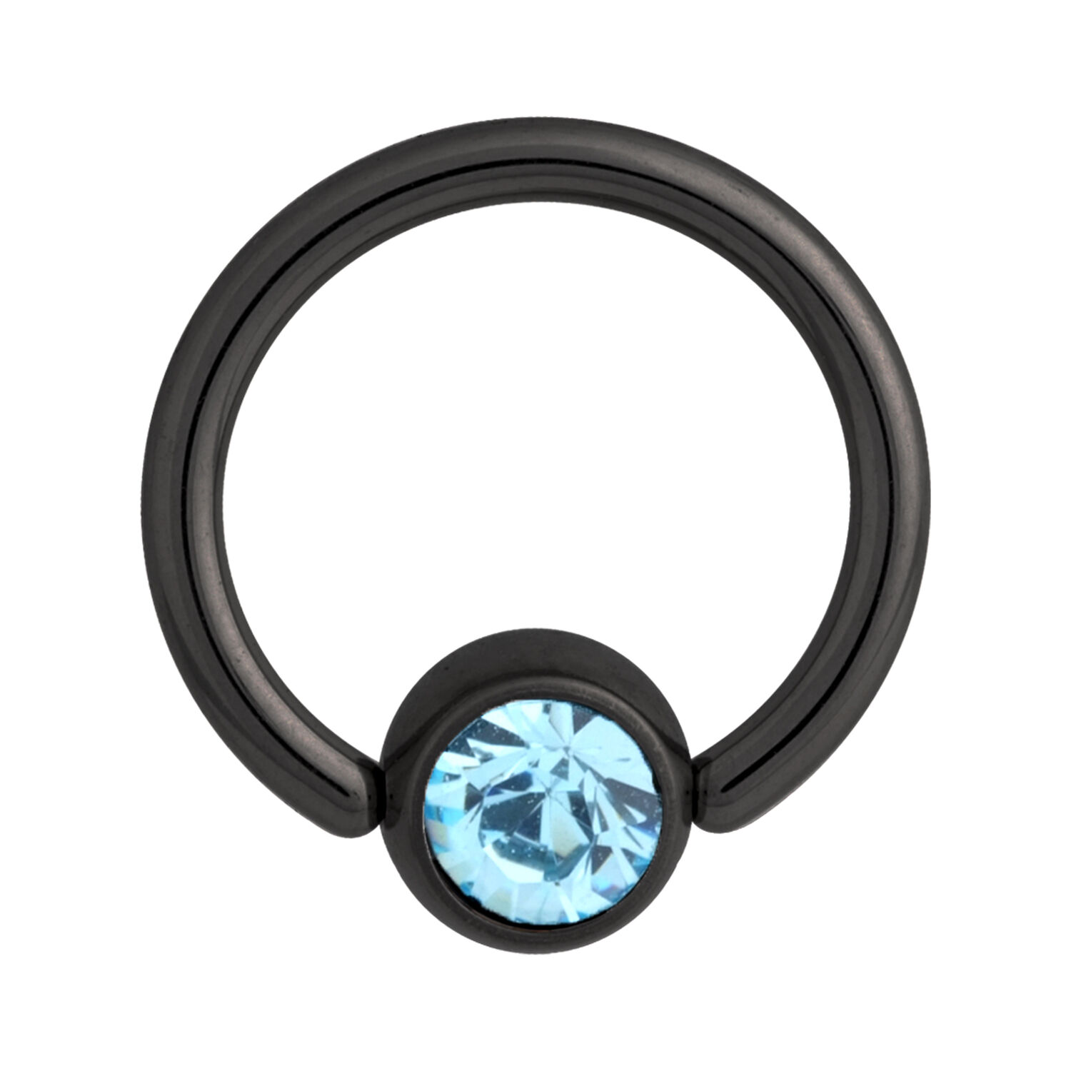 Clip en anillo negro de titanio con un cristal azul claro sobre fondo blanco