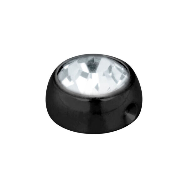 Bola de metal negra con cristal claro sobre fondo blanco
