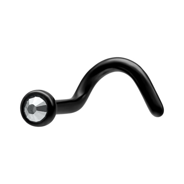 Piercing nasal de titanio negro con cristal claro sobre fondo blanco