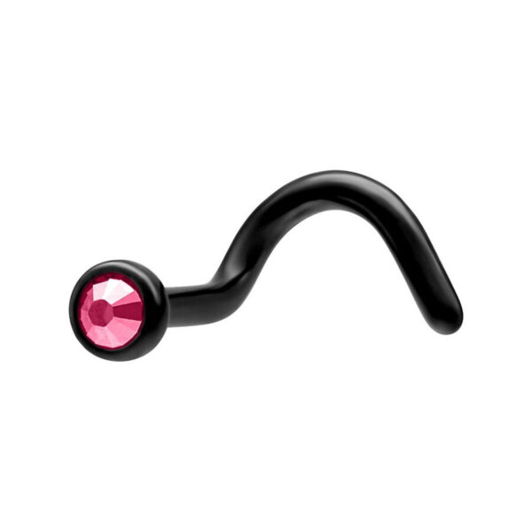 Piercing nasal de titanio negro con cristal fucsia sobre fondo blanco