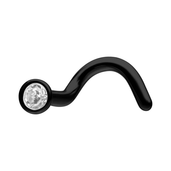 Piercing nasal de titanio negro con cristal claro sobre fondo blanco