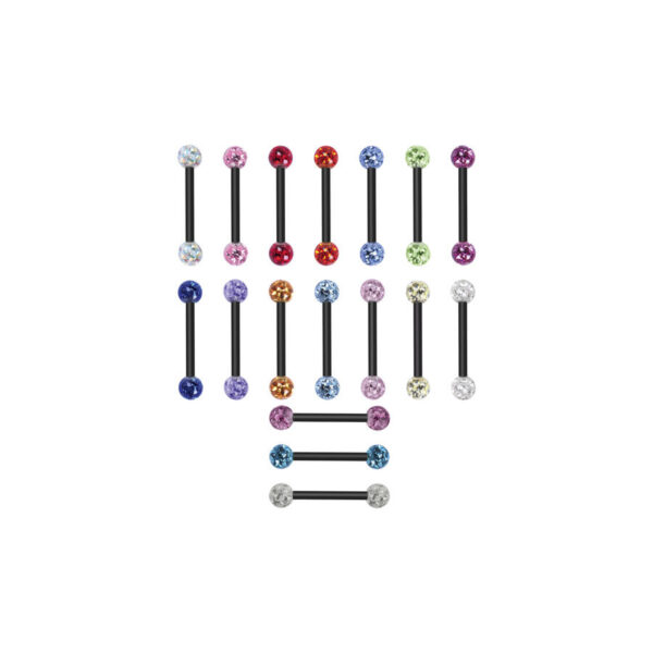 Piercings de barbell de titanio negro con bolas de cristal de varios colores sobre fondo blanco