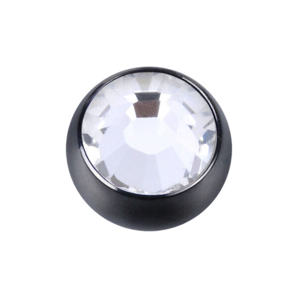 Accesorio de titanio negro con piedra cristalina sobre fondo blanco