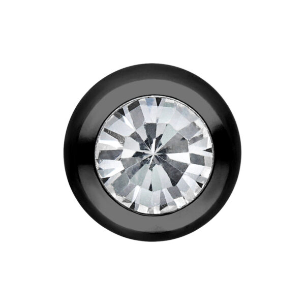 Bola de piercing negra de acero quirúrgico con cristal claro sobre fondo blanco