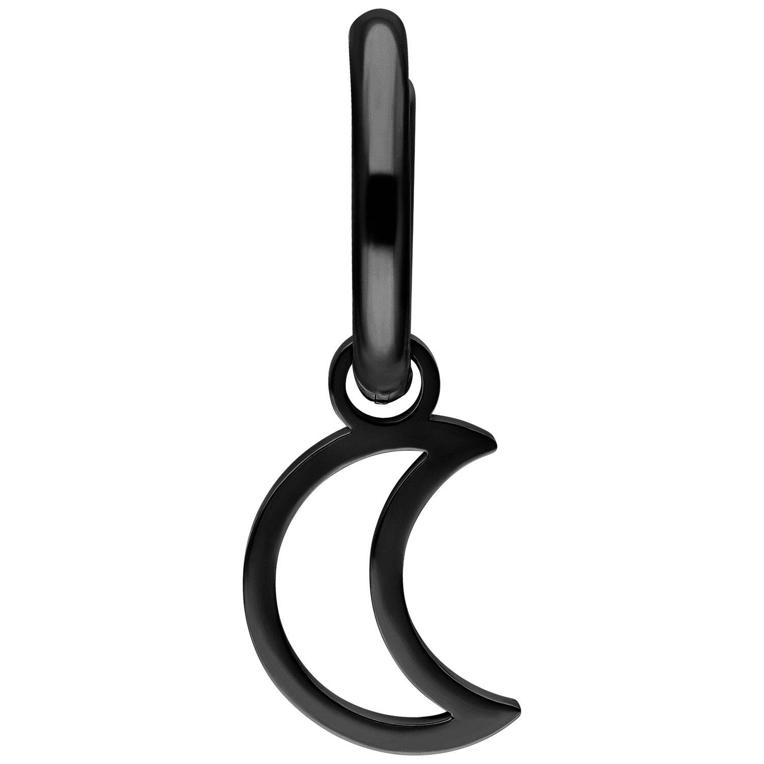 Pendiente negro con colgante en forma de media luna sobre fondo blanco