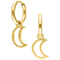 Aros Mini Moon Dorados Dos aros dorados con colgantes en forma de media luna sobre fondo blanco