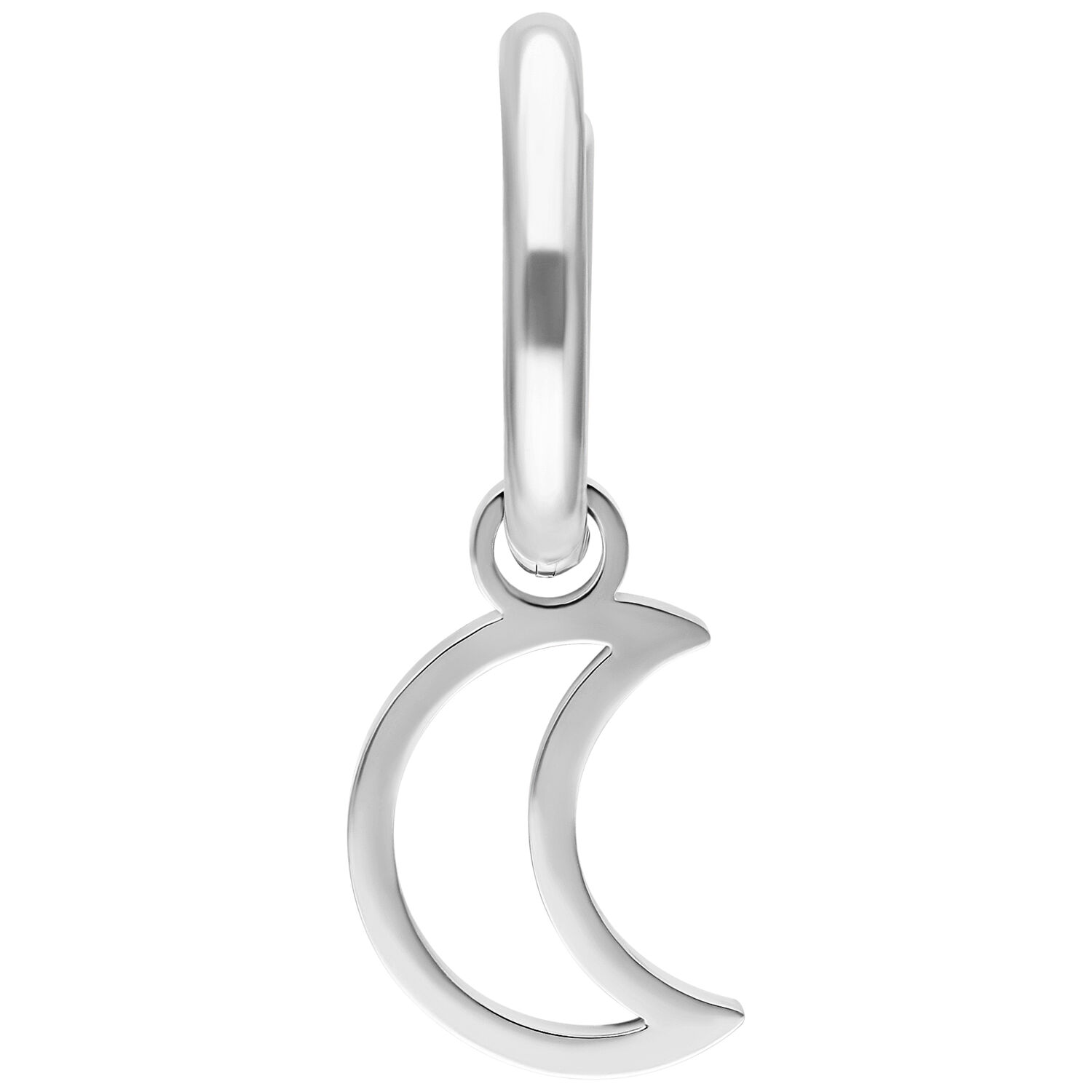 Pendiente plateado con colgante de mini luna sobre fondo blanco