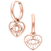 Dos aros de oro rosa con colgante en forma de corazón y ojo, sobre fondo blanco