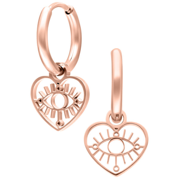 Dos aros de oro rosa con colgante en forma de corazón y ojo, sobre fondo blanco
