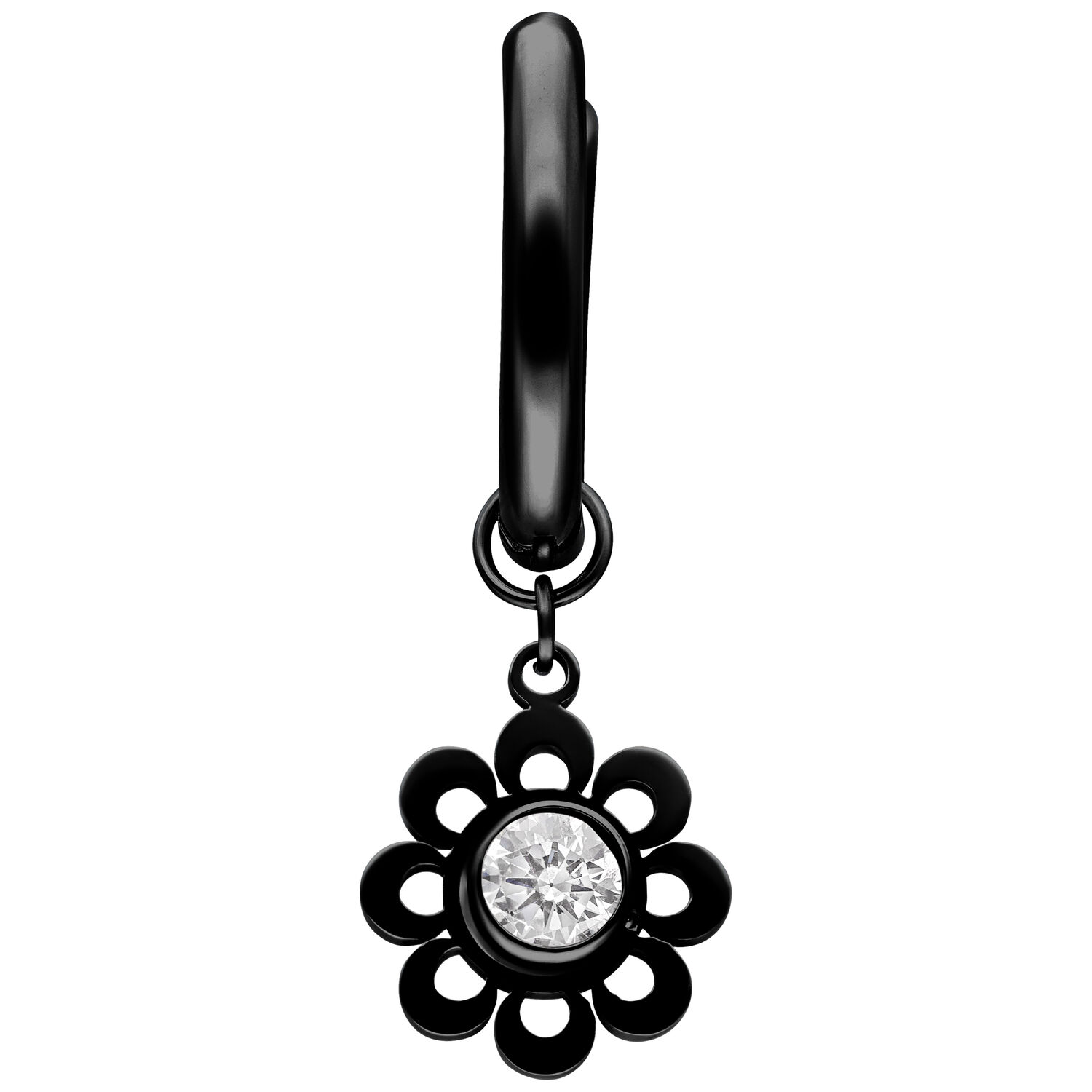 Aro negro con flor de cristal colgante sobre fondo blanco