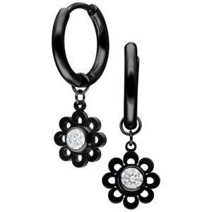 Par de Mini Crystal Flower Hoops - Negro