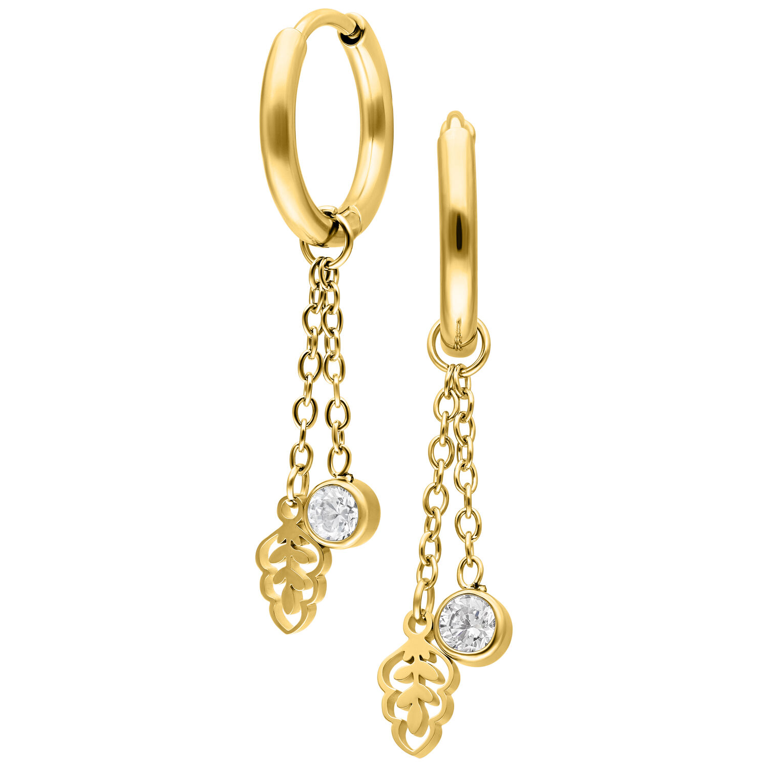 Pendientes dorados con colgante de cristal Aros dorados con colgante doble de cristal y diseño de hojas sobre fondo blanco