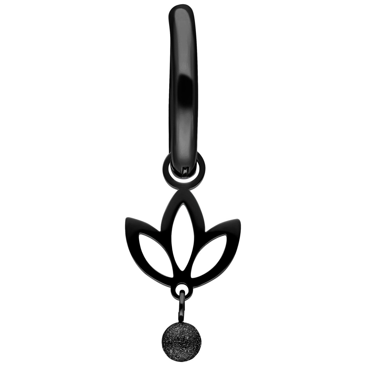 Pendientes de loto negros con colgante Pendiente de metal negro con colgante de loto y acabado en forma de bola sobre fondo blanco