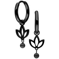Par de Mini Aros Lotus Negros Aros negros con colgante de loto y bola, sobre fondo blanco