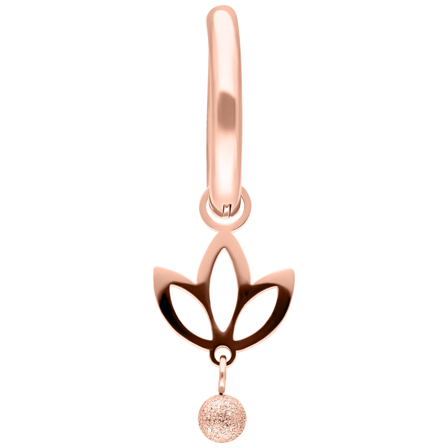 Pendiente en oro rosa con forma de loto y colgante de bola brillante sobre fondo blanco