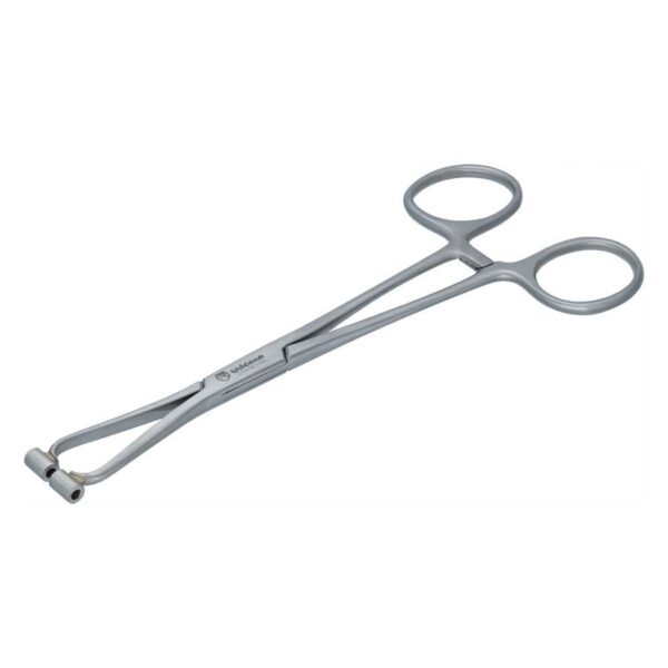 Pinza septum plateada de acero quirúrgico sobre fondo blanco